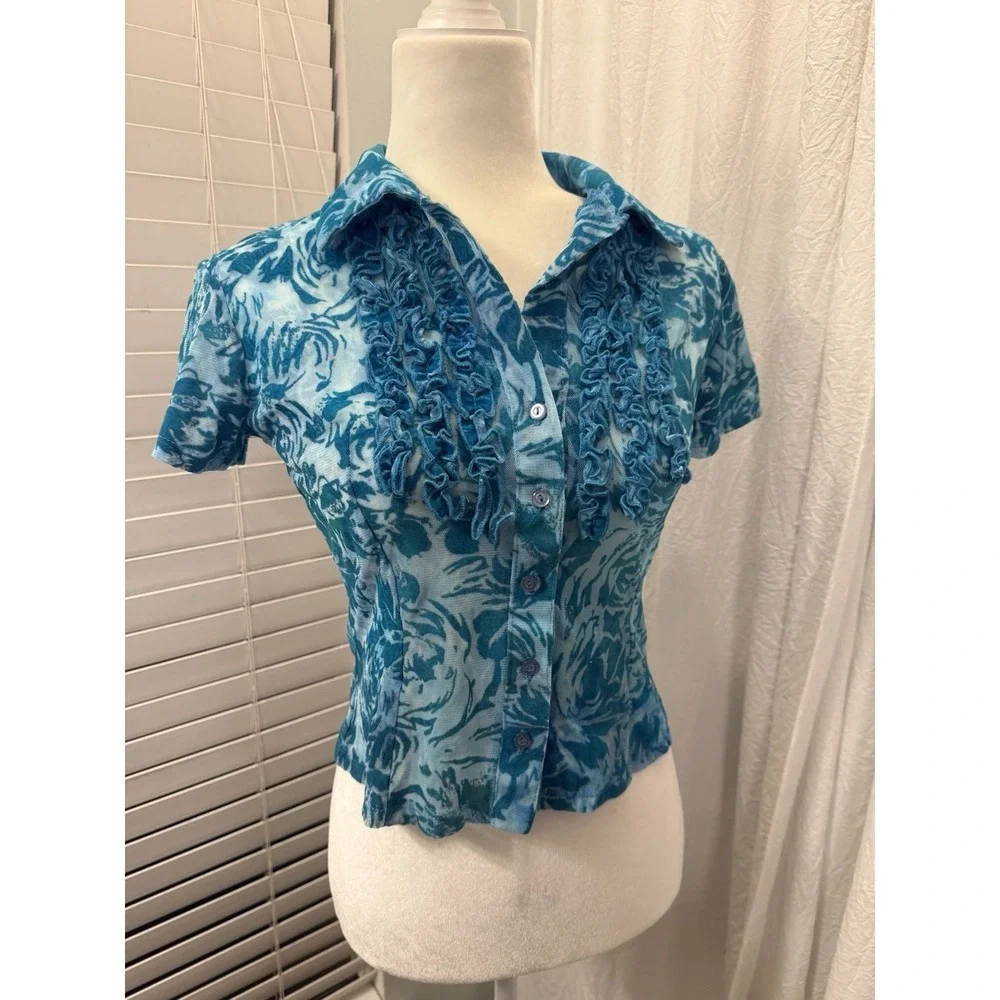 Vtg 90s Y2K Rampage Sheer Velvet Burnout Top Sz M Aqua Floral Ruffle Collar Mesh - Picture 9 of 14